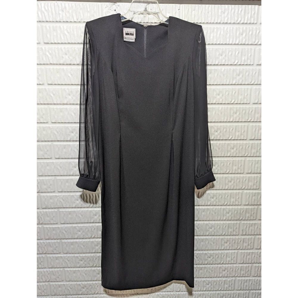 Leslie Fay Women's 8 Classic Black Dress Sheer Sleeves Sweetheart Neckline